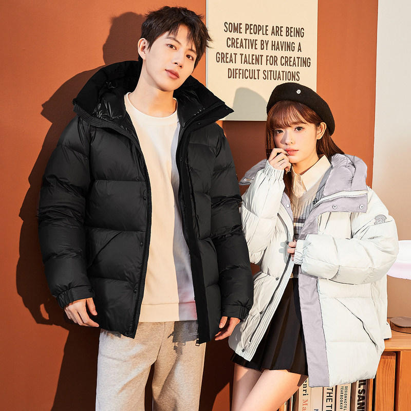 唐狮情侣羽绒服男女2025冬季新款韩版撞色宽松连帽短款休闲厚外套