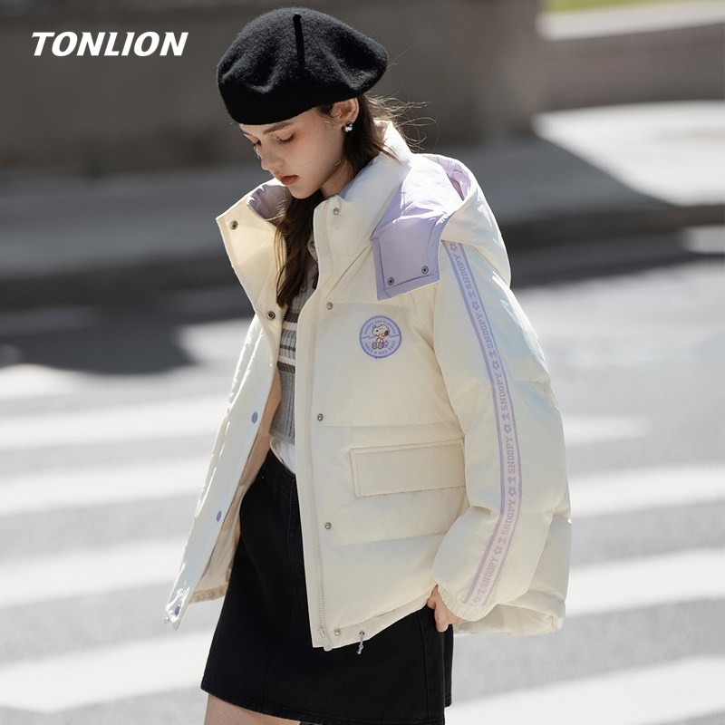 唐狮女装宽松连帽短款保暖羽绒服