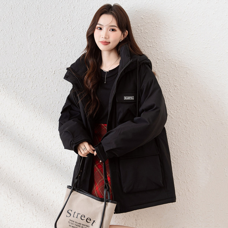 唐狮黑色棉服女2025冬季新款加厚棉衣宽松连帽小个子夹棉工装外套