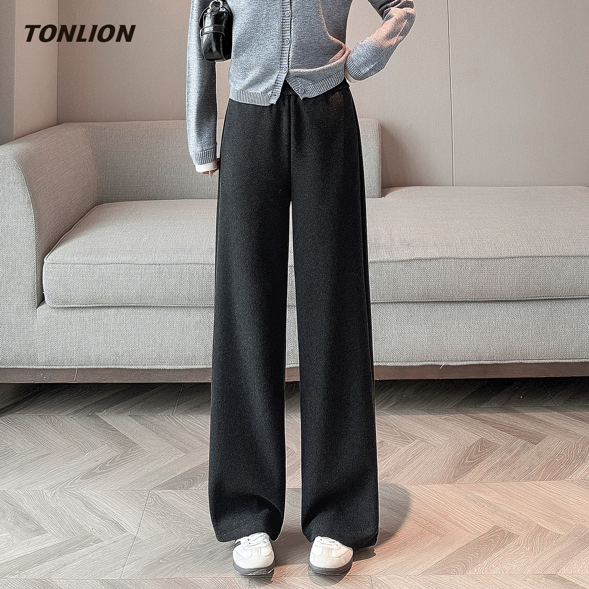 唐狮黑色加绒加厚休闲裤女2025冬季新款宽松显瘦垂坠感窄版阔腿裤