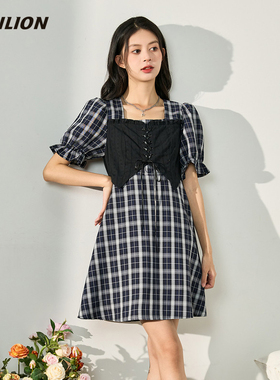 唐狮格子泡泡袖连衣裙女2026夏季新款束胸拼接假两件显瘦气质裙子