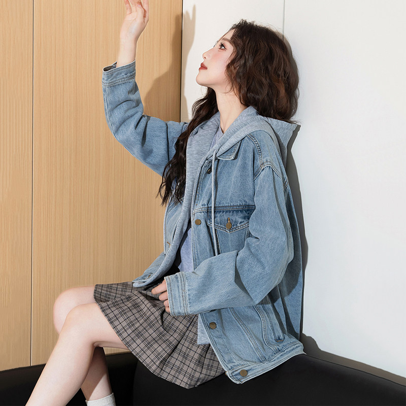唐狮牛仔外套女2025秋季新款拼接连帽宽松慵懒风超好看小个子上衣
