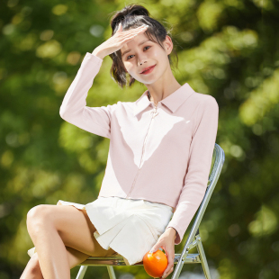 唐狮粉色短款外套女2026春季新款简约翻领薄款显瘦小个子长袖上衣
