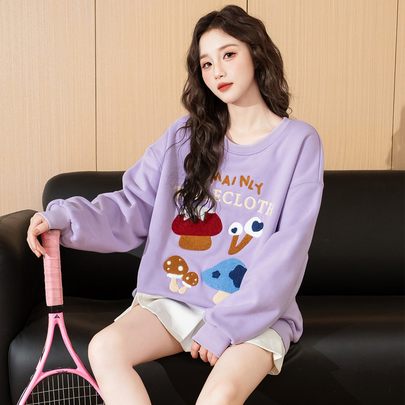 唐狮紫色加绒卫衣女2025秋冬新款韩版宽松圆领套头慵懒风无帽上衣