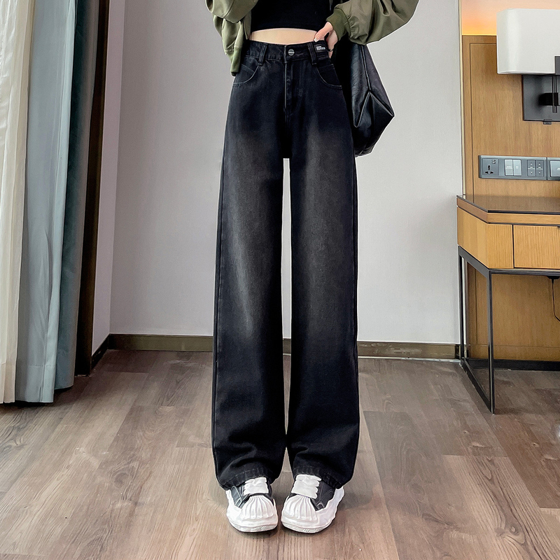 唐狮黑色高腰牛仔裤女2025春季新款宽松显瘦小个子直筒窄版阔腿裤