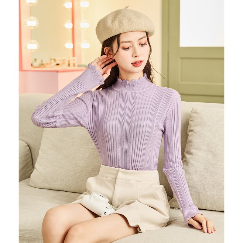 唐狮半高领修身套头打底针织衫女