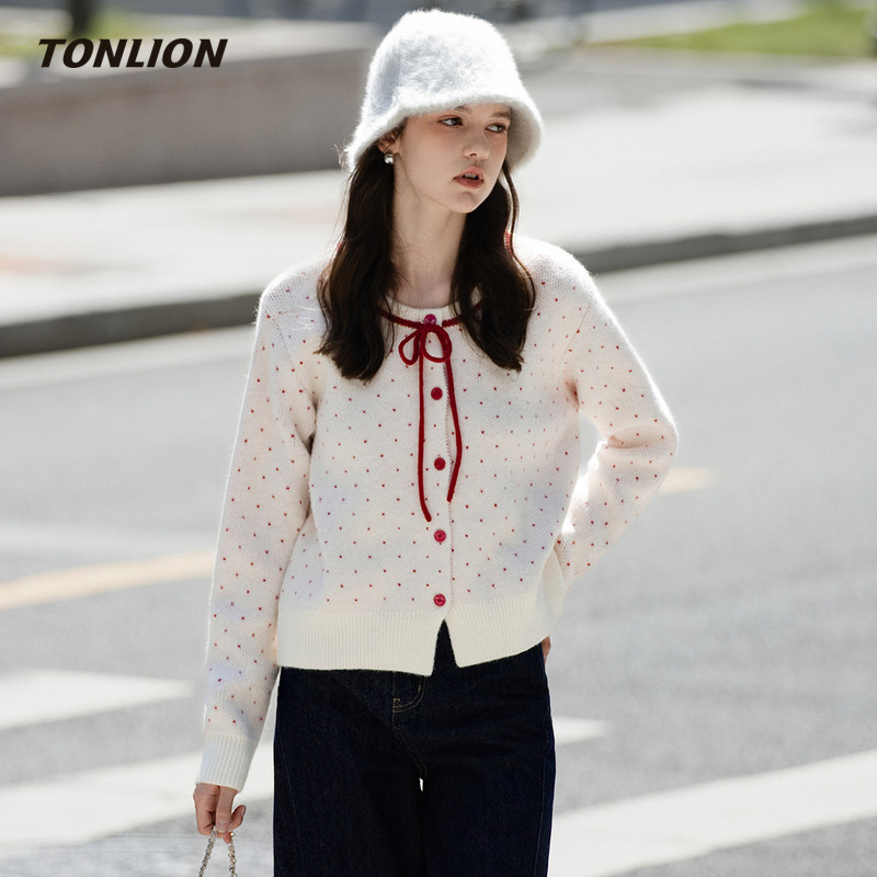 唐狮毛衣外套女2025冬季新款减龄提花宽松显瘦可外穿内搭针织开衫