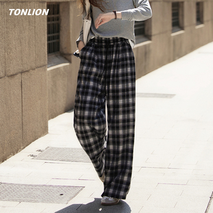 唐狮格子休闲裤子女2025秋冬新款宽松显瘦高腰垂感巨好看的阔腿裤