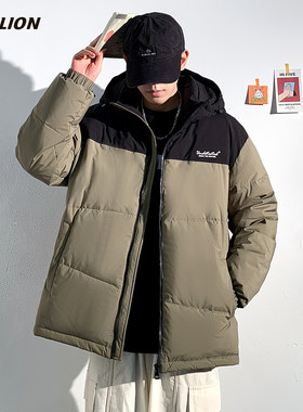 唐狮韩版撞色拼接宽松连帽羽绒服