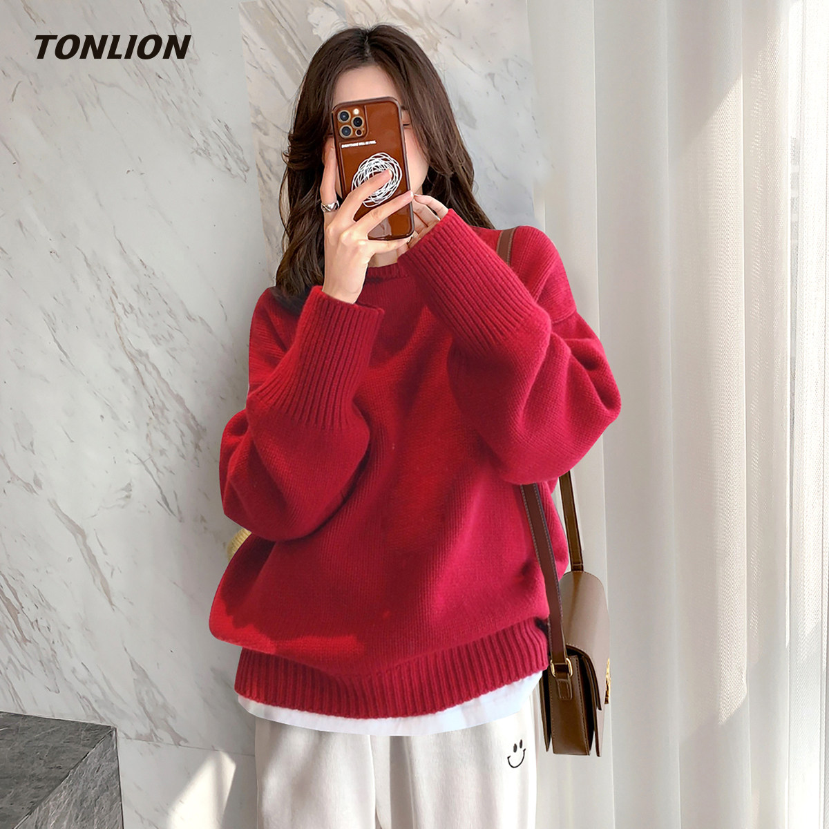 唐狮红色毛衣女2025冬季新款慵懒高级感宽松圆领可外穿内搭针织衫