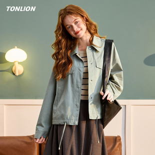 唐狮灰绿色休闲短款外套女2026春季新款通勤翻领宽松显瘦长袖衬衫