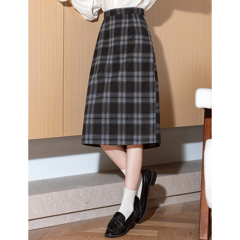 唐狮格子毛呢半身裙2025秋冬新款女装高腰显瘦小个子开叉a字长裙