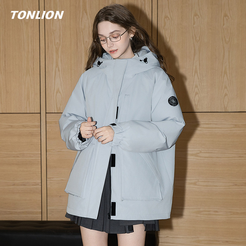 唐狮蓝色短款羽绒服女2025冬季新款宽松连帽加厚防寒休闲工装外套