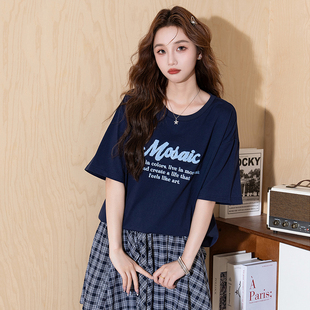 唐狮短袖T恤女2025夏季新款韩版字母宽松圆领慵懒风纯棉半袖上衣