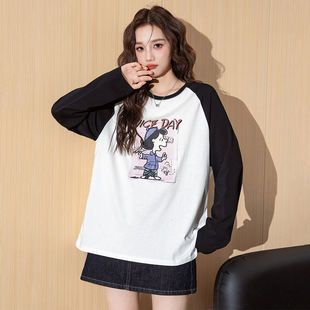 唐狮长袖T恤女2025秋季新款潮流卡通印花宽松圆领纯棉打底衫上衣