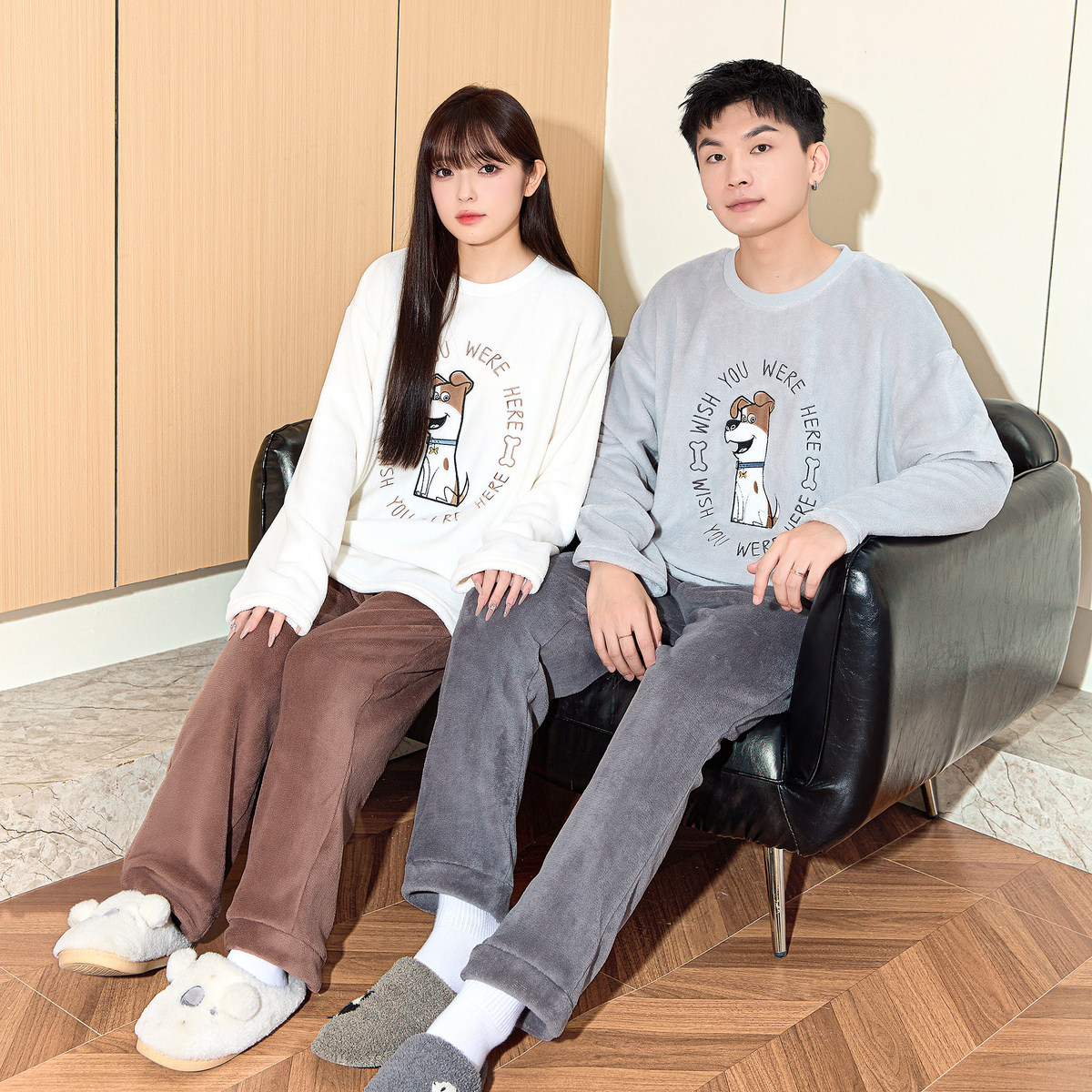 唐狮情侣装珊瑚绒睡衣男女2025秋冬新款可外穿加绒加厚家居服套装