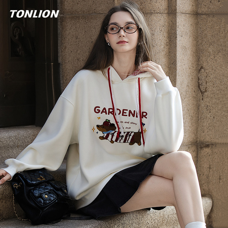 唐狮加绒卫衣女2025冬季新款甜美可爱格子连帽宽松套头慵懒风上衣