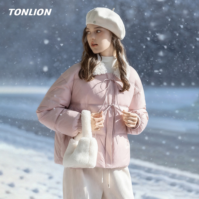 唐狮短款棉衣棉服女2025冬季新款仿羊羔绒撞色翻领宽松小个子棉袄