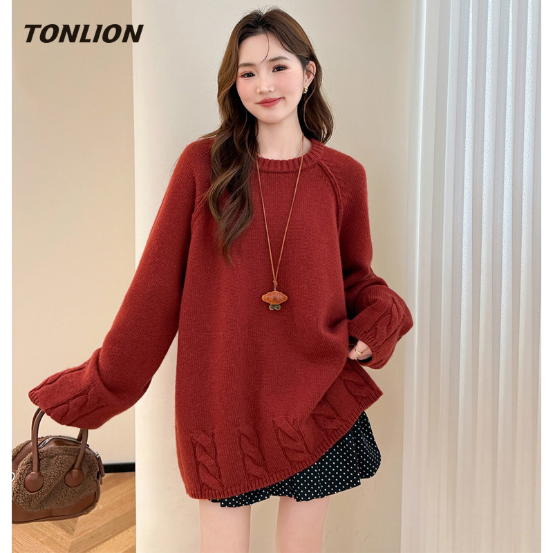 唐狮红色绞花毛衣女2025冬季新款宽松圆领慵懒高级感插肩袖针织衫