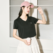 唐狮黑色短袖女T恤女2025夏季新款V领宽松显瘦设计感爆款正肩上衣