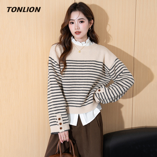 唐狮条纹圆领毛衣女2025冬季新款宽松慵懒高级感内搭可外穿针织衫