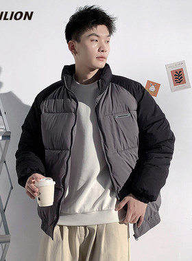 唐狮撞色拼接立领宽松保暖棉服男