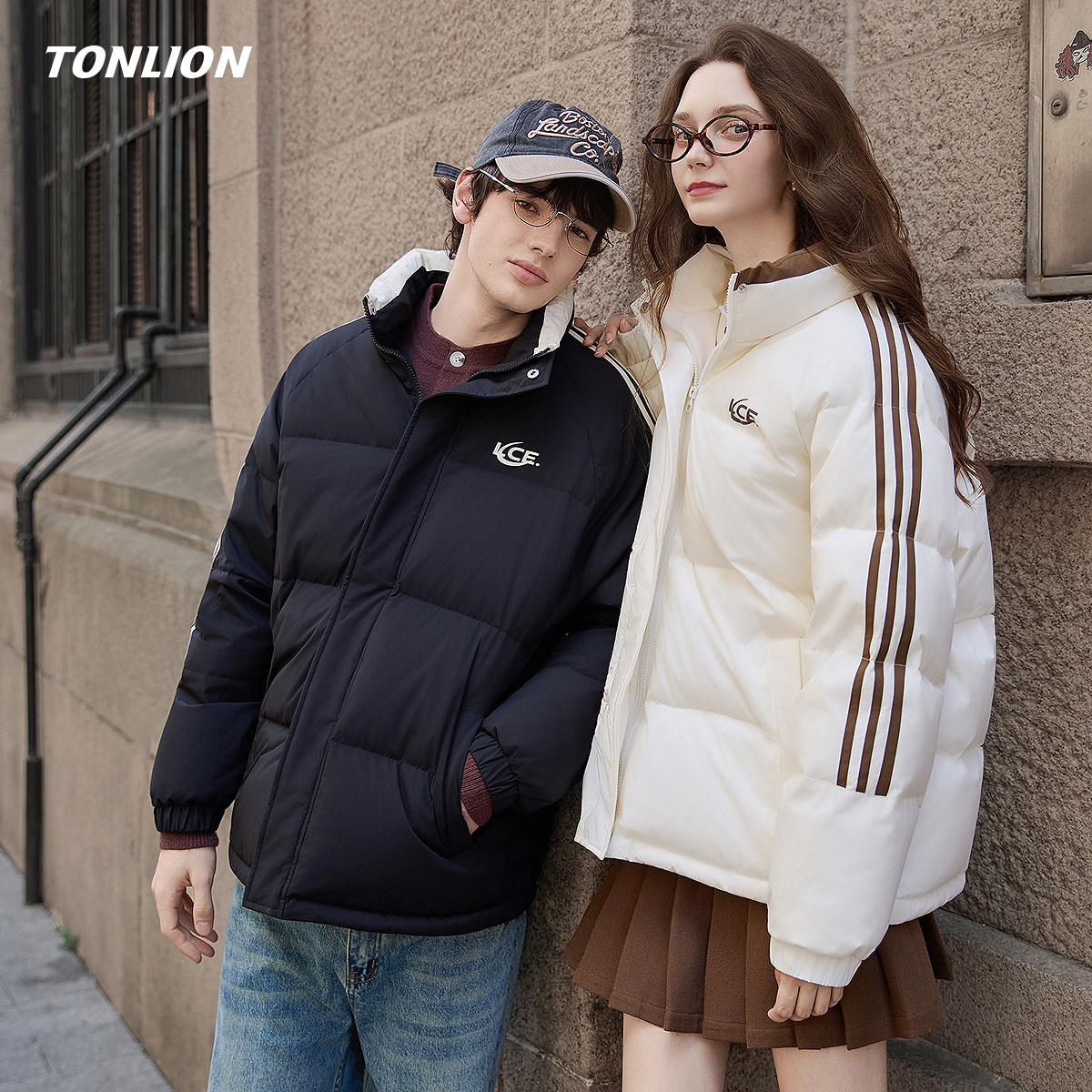 唐狮情侣短款羽绒服男女2026冬季新款条纹撞色立领宽松青少年外套