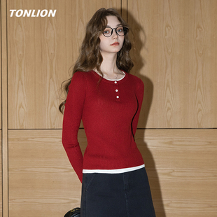 唐狮长袖T恤女2025秋冬新款拼接假两件修身可外穿内搭针织打底衫