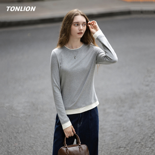 唐狮长袖T恤女2025秋冬新款拼接假两件修身显瘦设计感针织打底衫