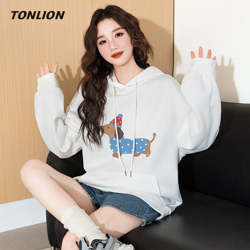 唐狮连帽卫衣女2025秋冬新款韩版减龄印花宽松慵懒风套头休闲上衣