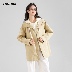 唐狮假两件风衣女款2026春季新款通勤拼接连帽宽松显瘦小个子外套