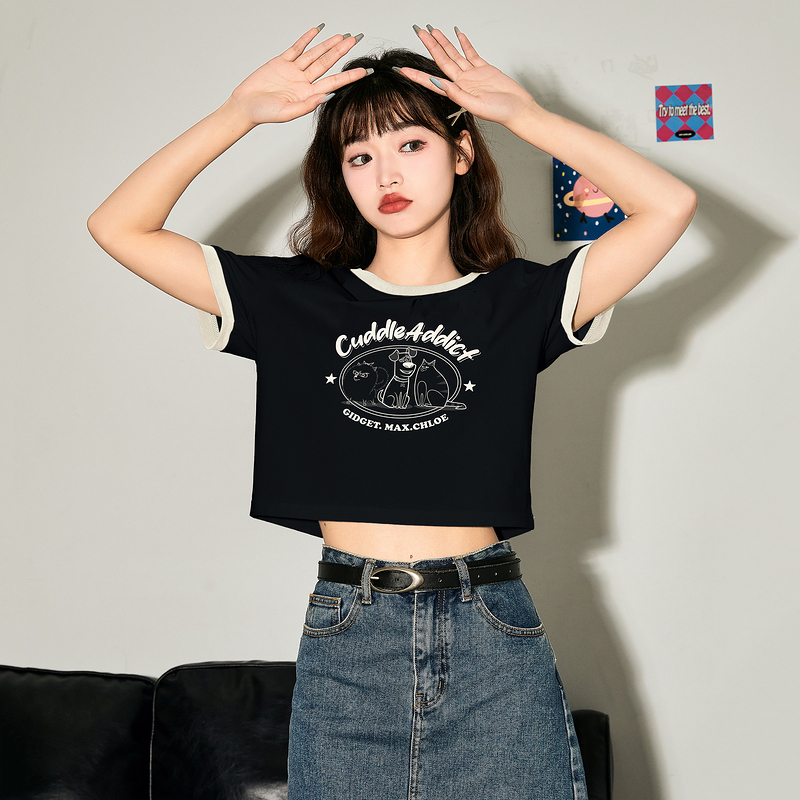 唐狮短袖T恤女2025夏季新款撞色印花宽松显瘦小个子短款甜辣上衣