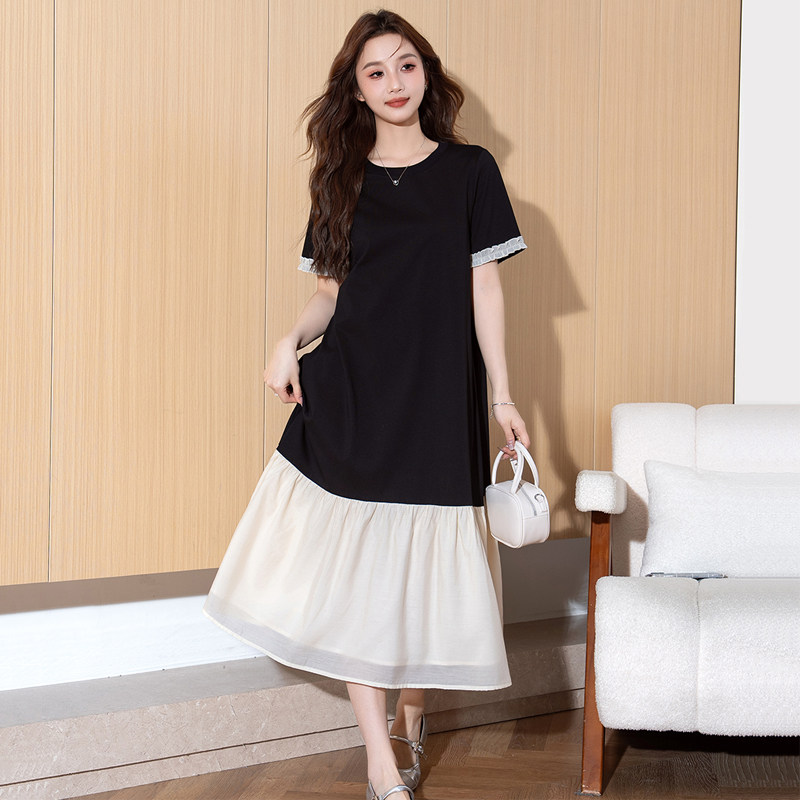 唐狮拼接高级感宽松短袖连衣裙女