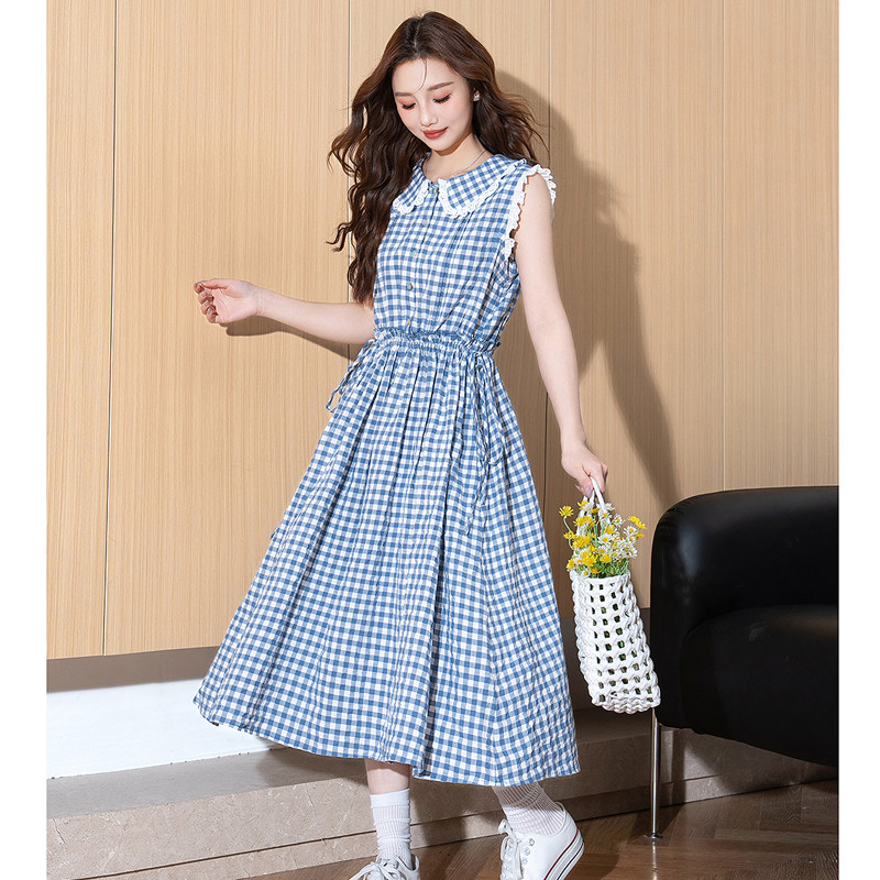 唐狮无袖背心连衣裙女2025夏季新款时尚收腰显瘦气质格子法式长裙