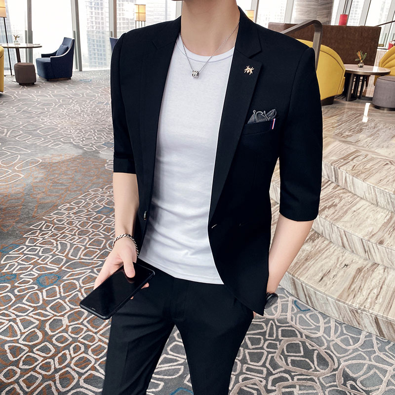 夏季短袖西服男韩版修身痞帅休闲中袖西服薄款潮流百搭七分袖套装