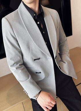 青果领黑色影楼婚纱照礼服中式盘扣西服男士中国风修身演出服西装