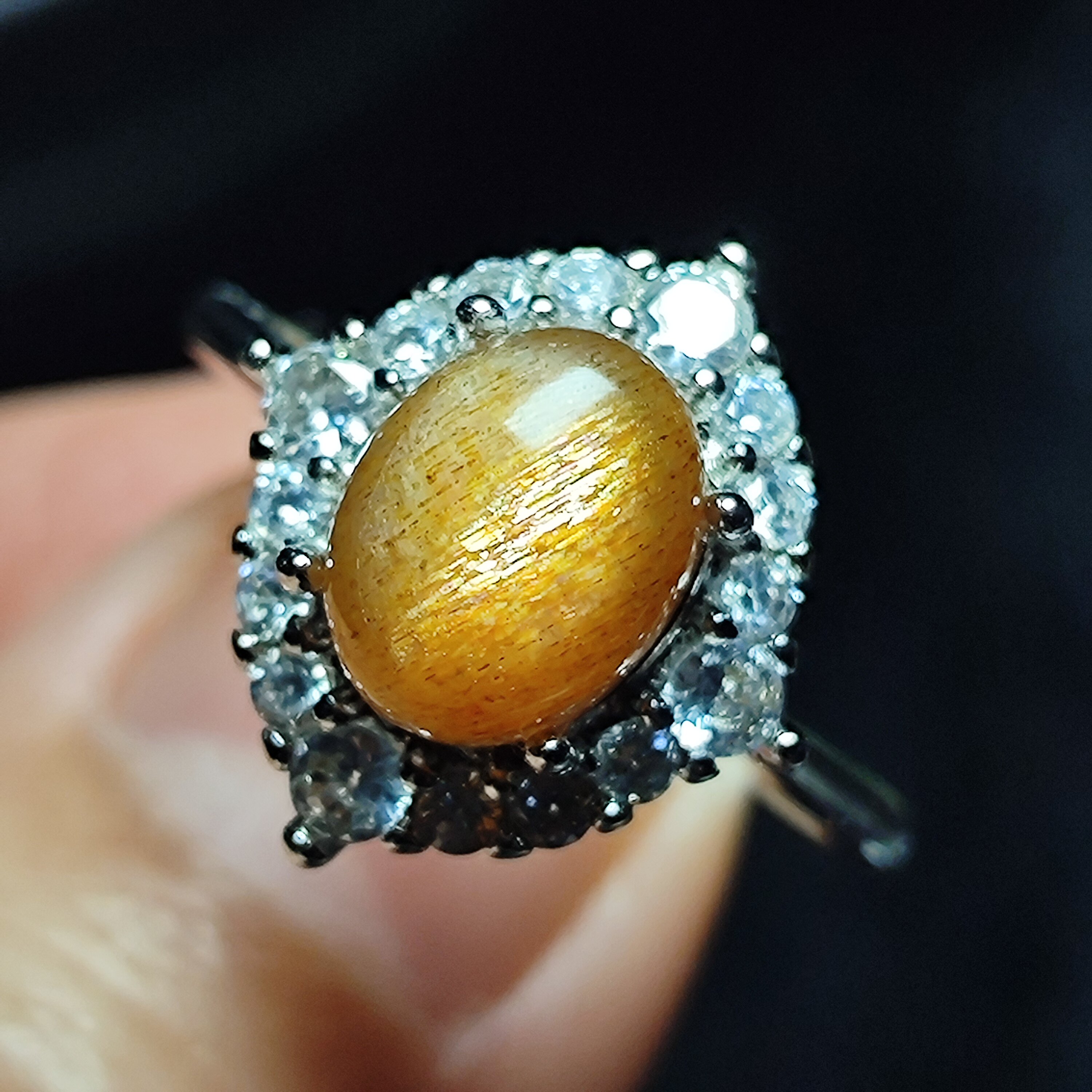 天然黑骨干戒指爆闪七彩拉丝金骨干戒指精品水晶活口戒指女