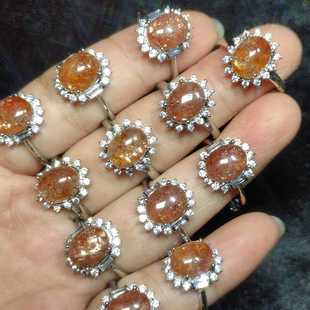 天然金太阳戒指金草莓太阳石阿鲁沙水晶戒指S925活口颗颗有七彩光