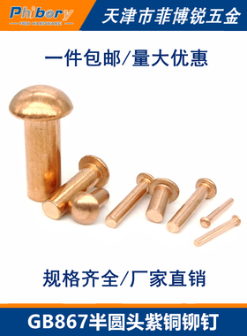 GB867半圆头紫铜铆钉实心蘑菇头手打敲击柳丁1.5M2M2.5M3M4M5M6M8