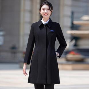 黑色毛呢大衣外套女秋冬高级感中长款职业高端酒店前台工作服冬装