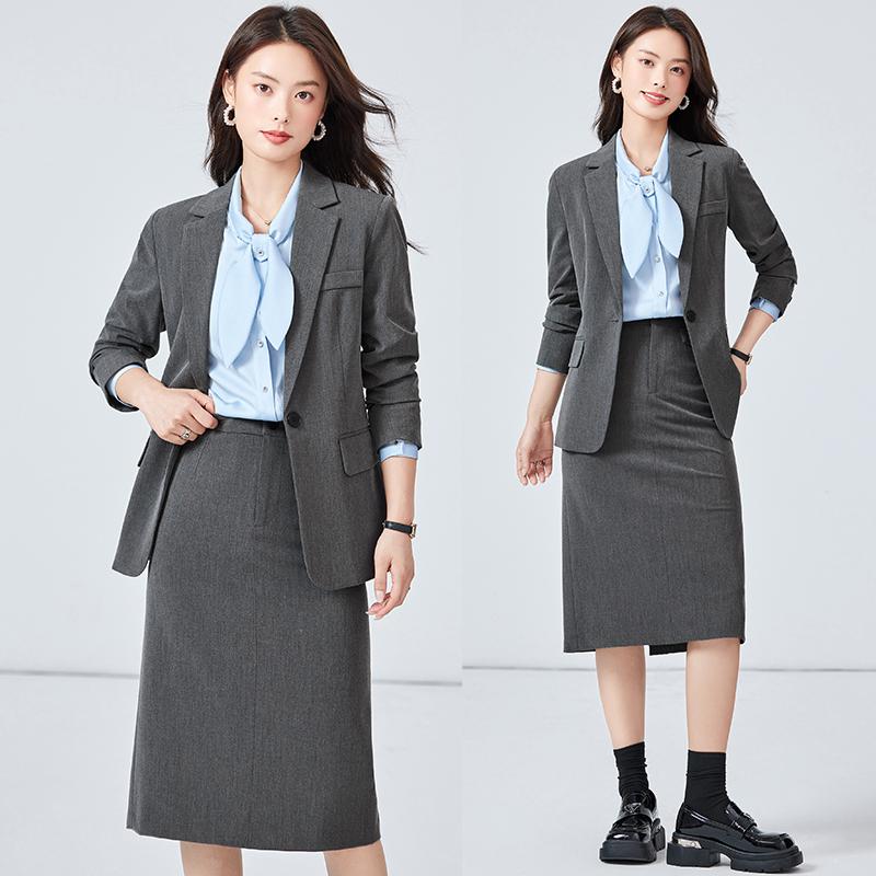 灰色西装套装裙女2024新款秋冬季气质大学生面试正装通勤西服外套