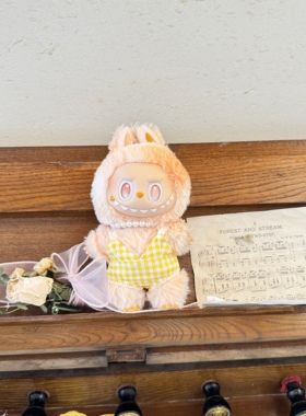 labubu一代二代三代黄色格子蕾丝边泳衣珍珠项链套装拉布布娃衣