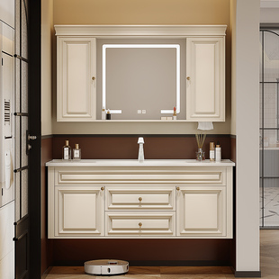 法式风水镜浴室柜组合陶瓷一体盆洗漱台实木卫生间复古洗脸洗手盆