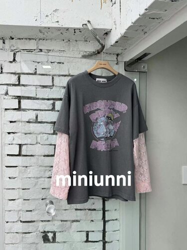 韩国MINIUNNI拼接蕾丝袖子T恤