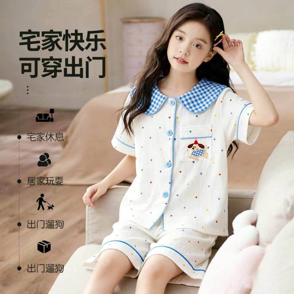 女童卡通彩色点娃娃领短袖裤睡衣