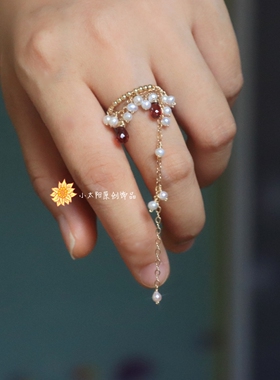 太阳原创设计 指尖繁花天然淡水珍珠石榴石水滴流苏戒指精致独特