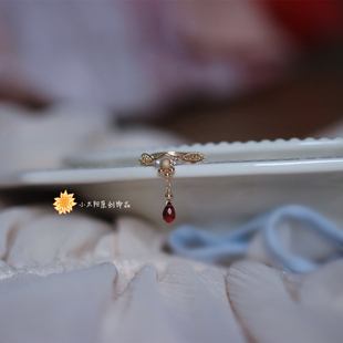 太阳原创设计 精致复古小众天然石榴石水晶戒指美国14K注金可水洗