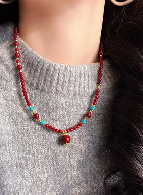 施家珍珠红色项链拼色颈链锁骨链