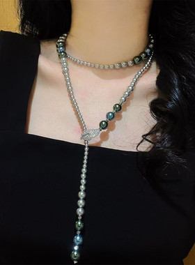 银灰珍珠混彩长项链满钻多种戴法