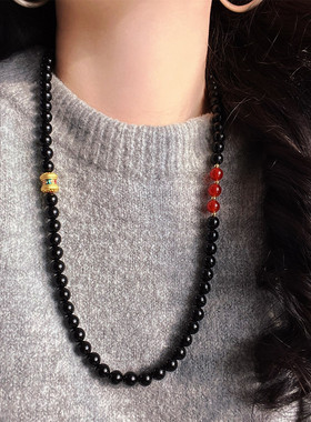 国风黑色玛瑙拼红长款圆珠项链